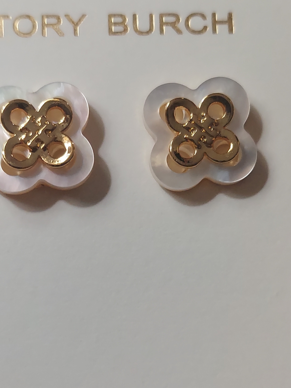 Tory Burch Mother-of-Pearl and Gold Logo Stud Earrings - Picture 3 of 3